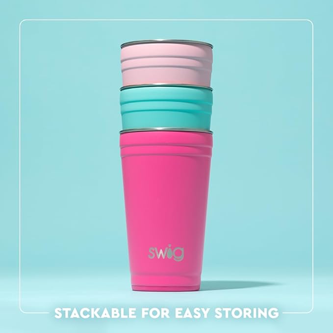 Swig Life 24oz Party Cup, Stackable Insulated Travel Coffee Tumbler with EZ Slider Lid, Cup Holder Friendly Travel, Stainless Steel 24 oz Tumbler, Reusable Mug (Tee It Up)