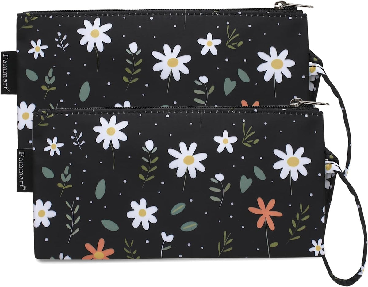 Reusable Sandwich Bag/Snack Bag for Kids & Adults, Dual Layer Lunch Bag with Handle, Washable, Food Safe, BPA Free (2-Pack, Daisy)