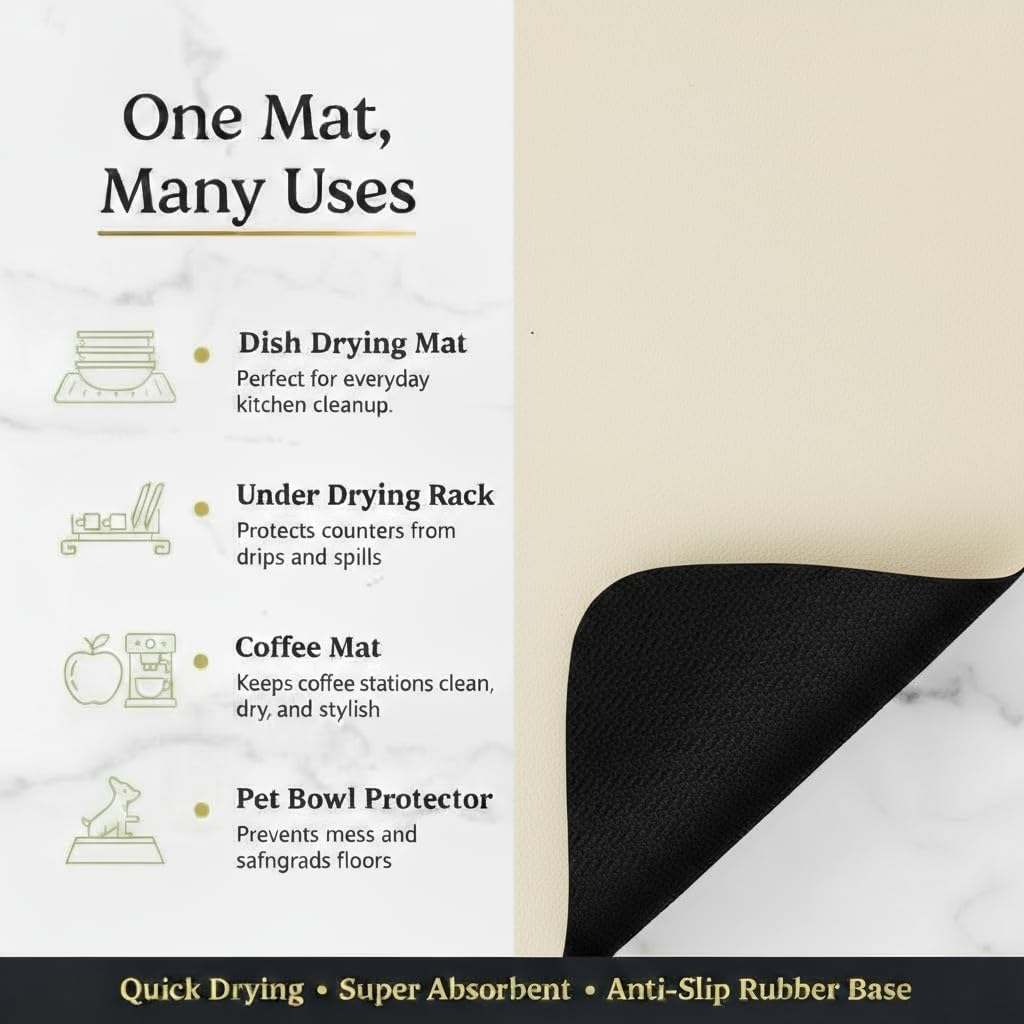 Dish Drying Mat Super Absorbent – 16" x 18" Coffee Mat for Countertops – Non-Slip Drying Mat for Kitchen Counter – Easy to Clean Water Absorbent Mat – Large Dish Drying Mats (Tapioca)