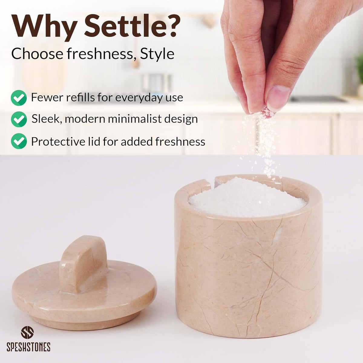 Marble Salt Cellar with Lid and Spoon 4 Inch Verona Handmade Spice Jars for Kitchen Storage - Flaky Salt Holder, Decorative Sugar Bowl & Small Seasoning Containers for Countertop Decor