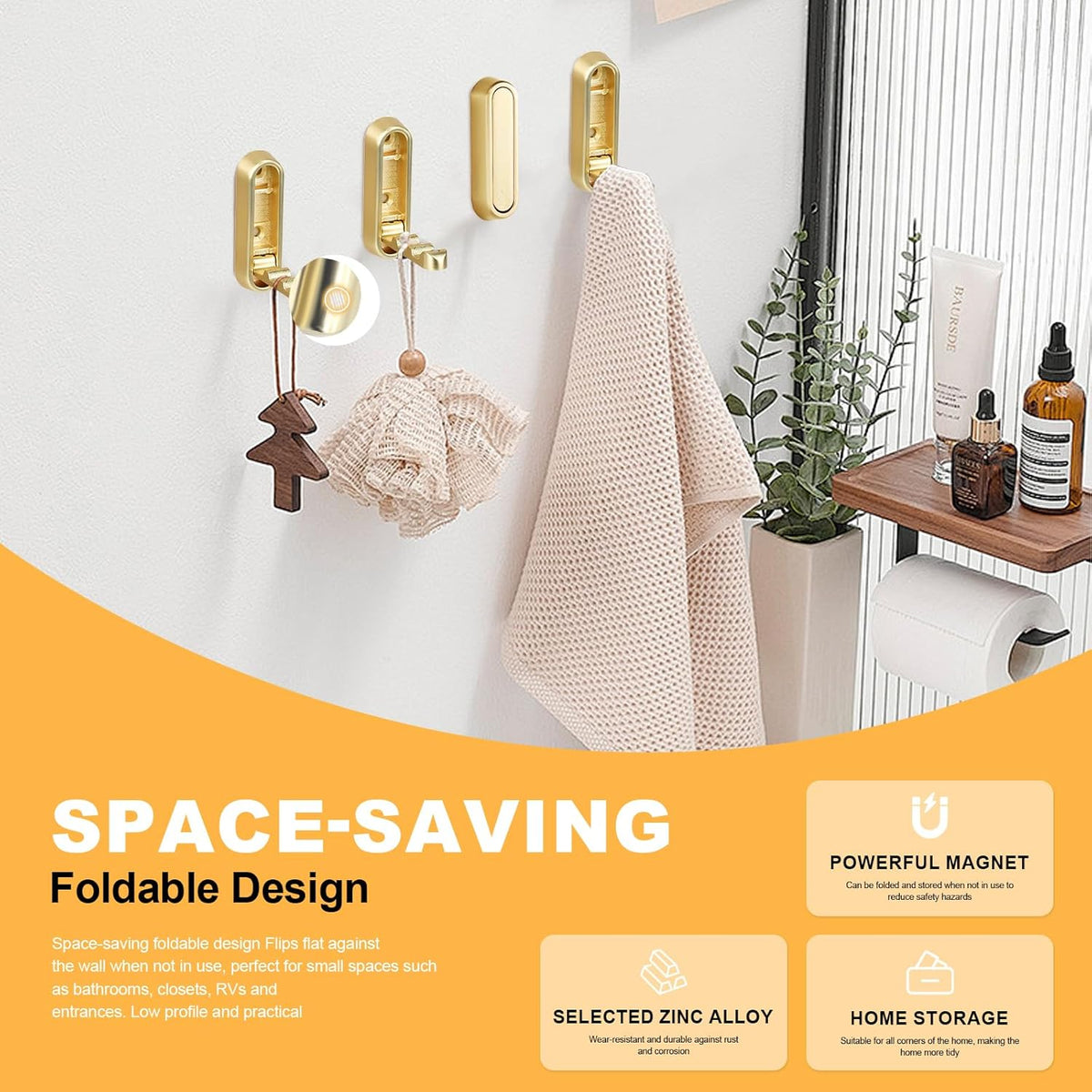 Heavy Duty Gold Folding Wall Hooks 2 Pack, Space Saving Foldable Coat Hooks for Bathroom, Closet, Entryway, Kitchen, Towel, Robe, Bag, Hat Hanging, Easy Mount, Zinc Alloy, Corrosion-Resistant 