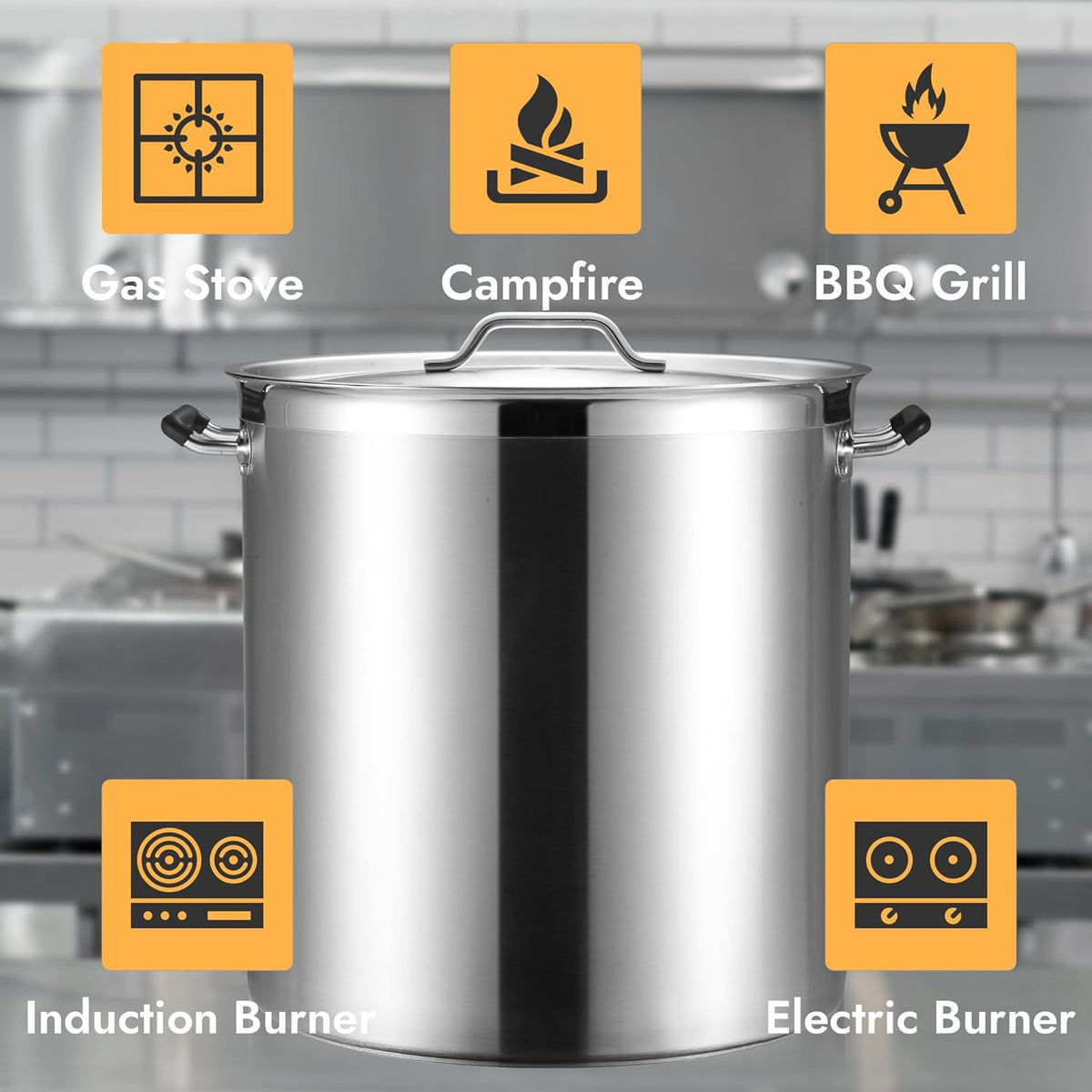 CURTA 100 Quart Large Stock Pot with Lid, NSF Listed, 3-Ply Clad Base, 18/8 Stainless Steel Cooking Pot, Commercial Cookware, Induction Ready, 19.7"D x 20.6"W x 19.7"H