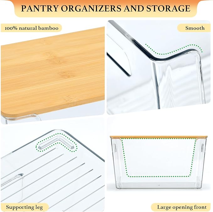 6 Pack Clear Stackable Storage Bins with Bamboo Lids, Trash Bag Holder Dispenser Under Sink Organizer for 4-13 Gal Bags, Plastic Storage Containers for Pantry Bathroom Kitchen Organization