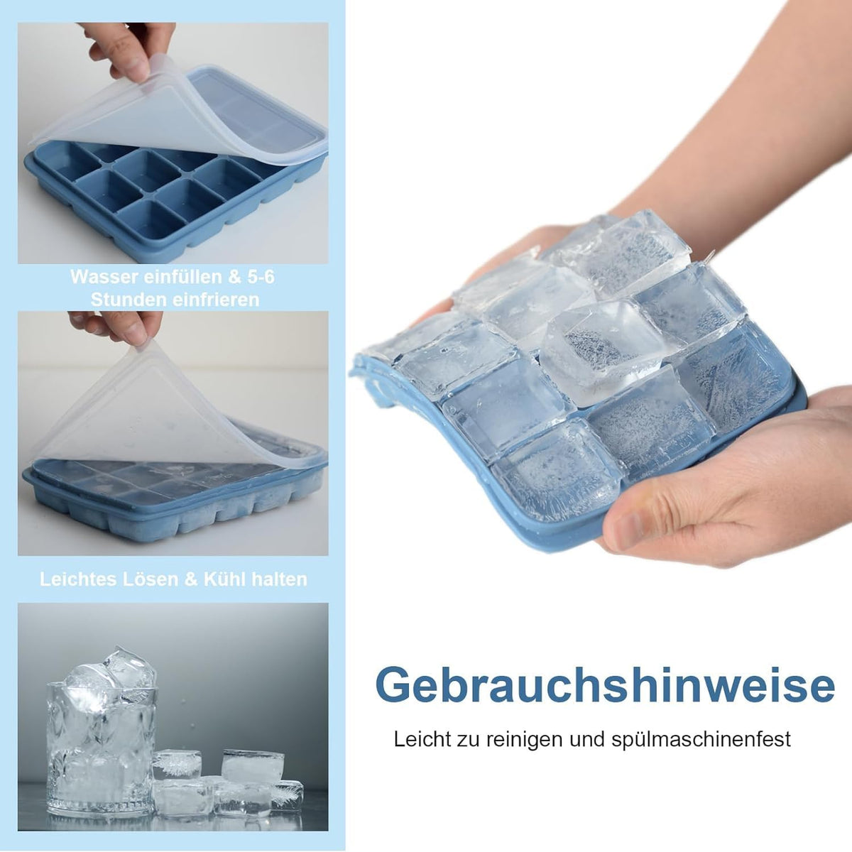 Ice Cube Trays Set of 3, Easy Release 15 Flexible Silicone Ice Cube Molds with Removable Lid Reusable Freezer Ice Trays Stackable for Whiskey, Blue*3
