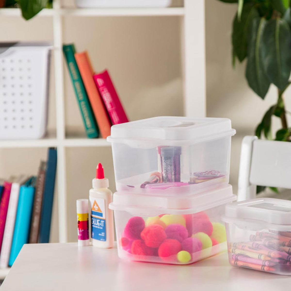Sterilite FlipTop, Stackable Small Storage Bin with Hinging Lid, Plastic Container to Organize Desk at Home, Office, Clear, 24-Pack