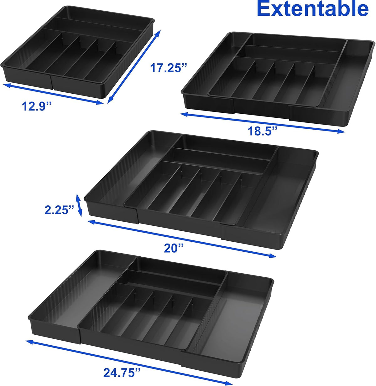 Simple Houseware Expandable Kitchen Drawer Flatware Organizer, Black – Adjustable Cutlery Tray with 9 Compartments for Utensils and Silverware