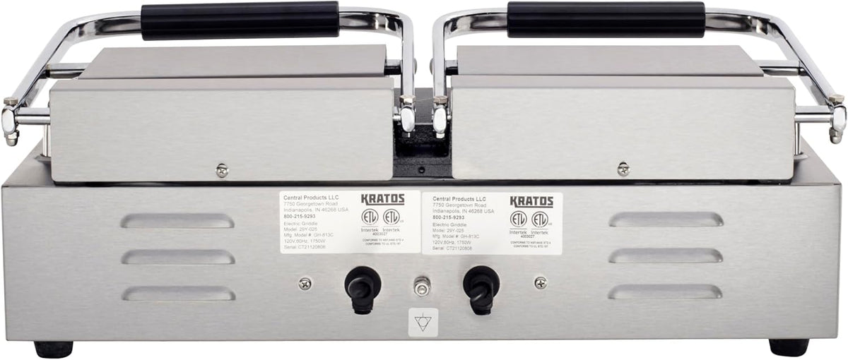 Kratos Commercial Electric Panini Sandwich Grill with Grooved Top and Smooth Bottom Plates, 18.7"x9" Cooking Surface, Commercial Countertop Panini Press, 120V, 3500W (29Y-025)