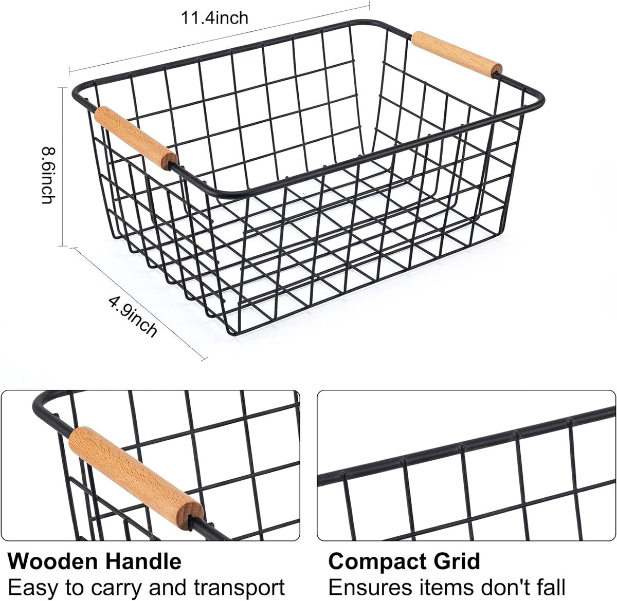 Wire Basket 2 Pcs Wire Storage Baskets Wire Baskets Organizing with Wooden Handles Wire Basket Pantry Organization and Storage Metal Wire Food Storage Basket for Kitchen, Cabinets (Black 2PCS)