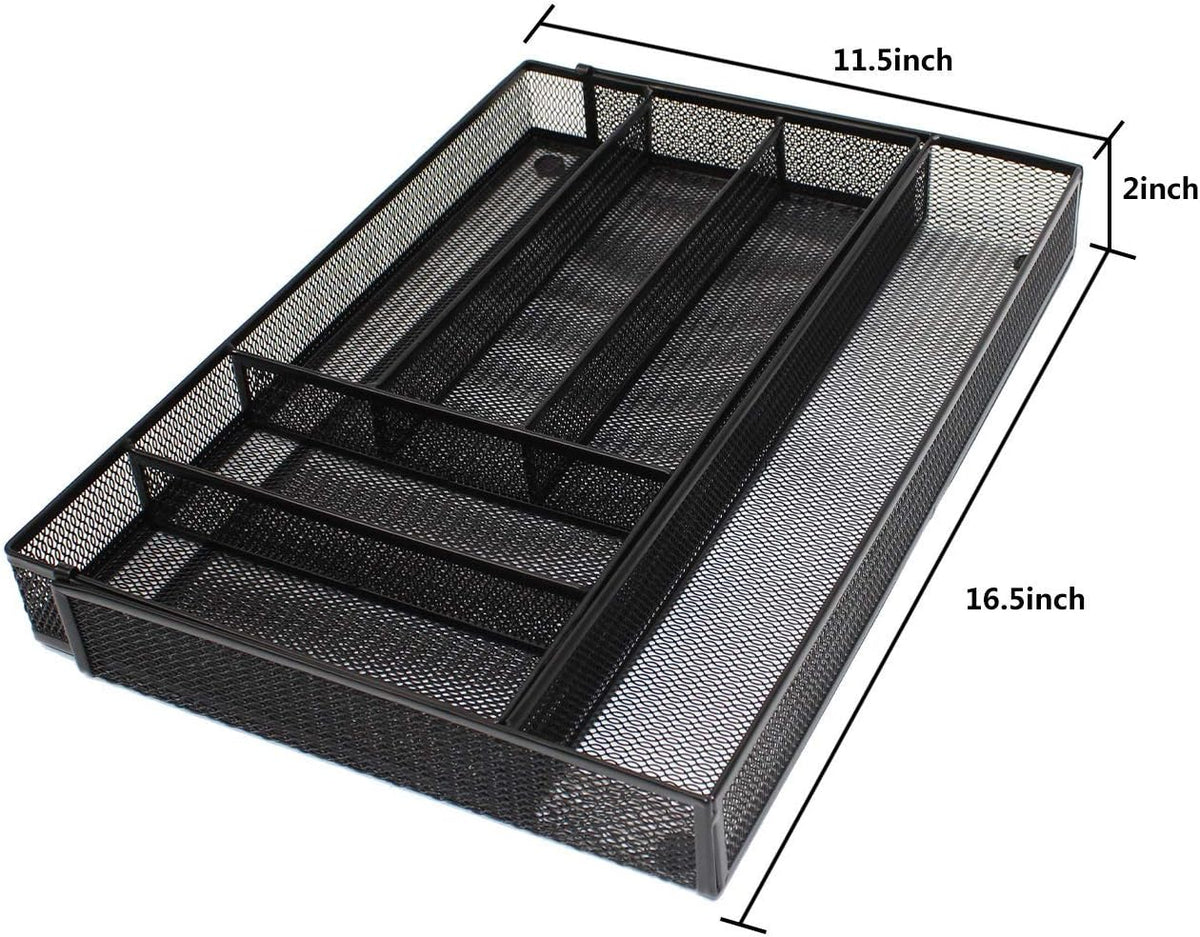 JANE EYRE Utensil Drawer Organizer - Expandable Cutlery Tray, Silverware/Flatware Storage Divider for Kitchen, Mesh Designing with Non-slip Rubber Feet (black)