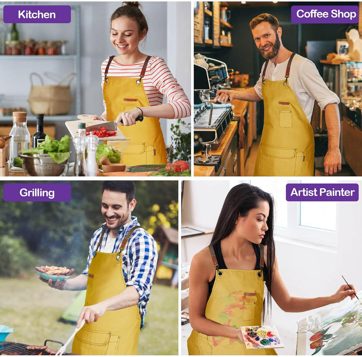 Chef Apron for Men Women with Gift Box Pack, Cross Back Apron with Pockets for Kitchen Cooking Baking Artist Painting, Cotton Canvas Work Aprons for Shop, Garden, Restaurant, Cafe (Yellow, M to XXL)