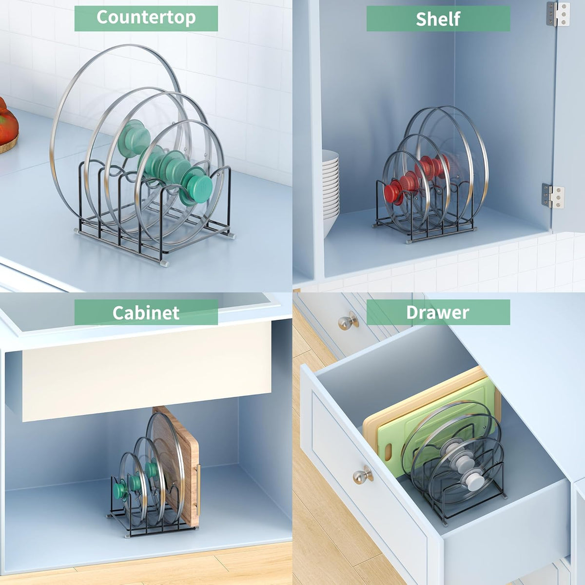 Pot Lid Organizer Rack,1.6in Wide Cutting Board Organizer for Pan Lids,Baking Sheets,Cookie Sheets, with 4 Slots,Cutting Board Holder Rack(1PC-Medium)
