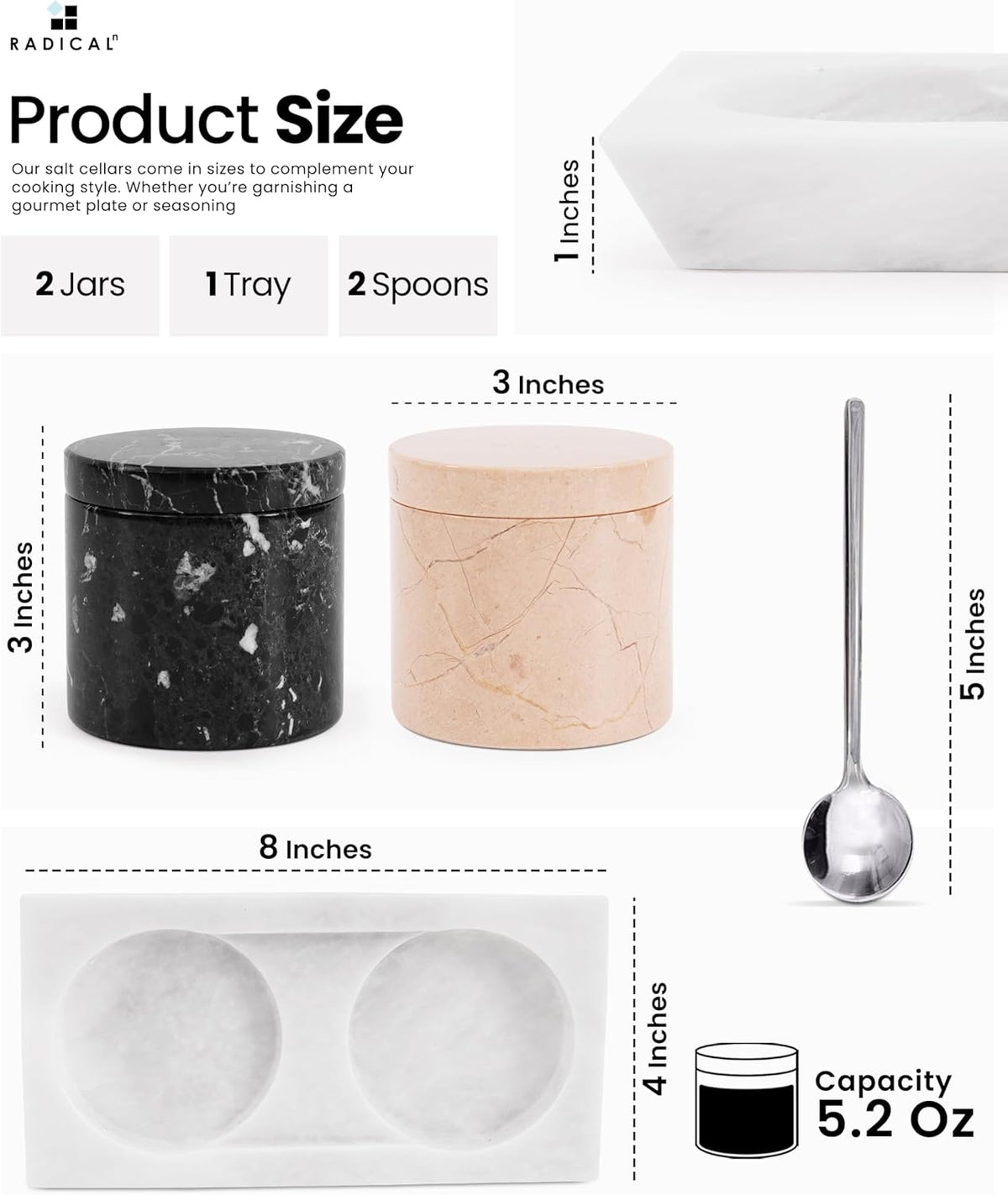 Radicaln Marble Salt Cellar With Lid and Tray 3" Inches Handmade Verona and Black Spice Jar For Kitchen Countertop, Ideal Set of 2 Salt bowl For Home