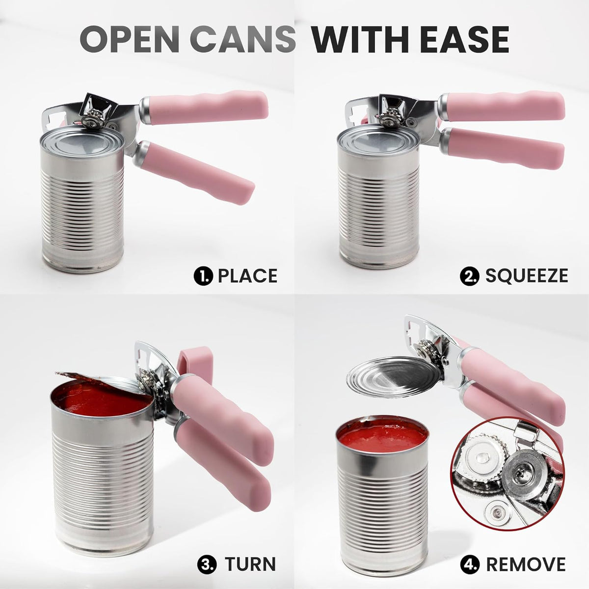 Zulay Kitchen Heavy Duty Stainless Steel Can Opener Manual with Bottle Opener - Rust Proof Manual Can Opener With Turn Knob & Comfy Soft Grip Handles - Light Pink