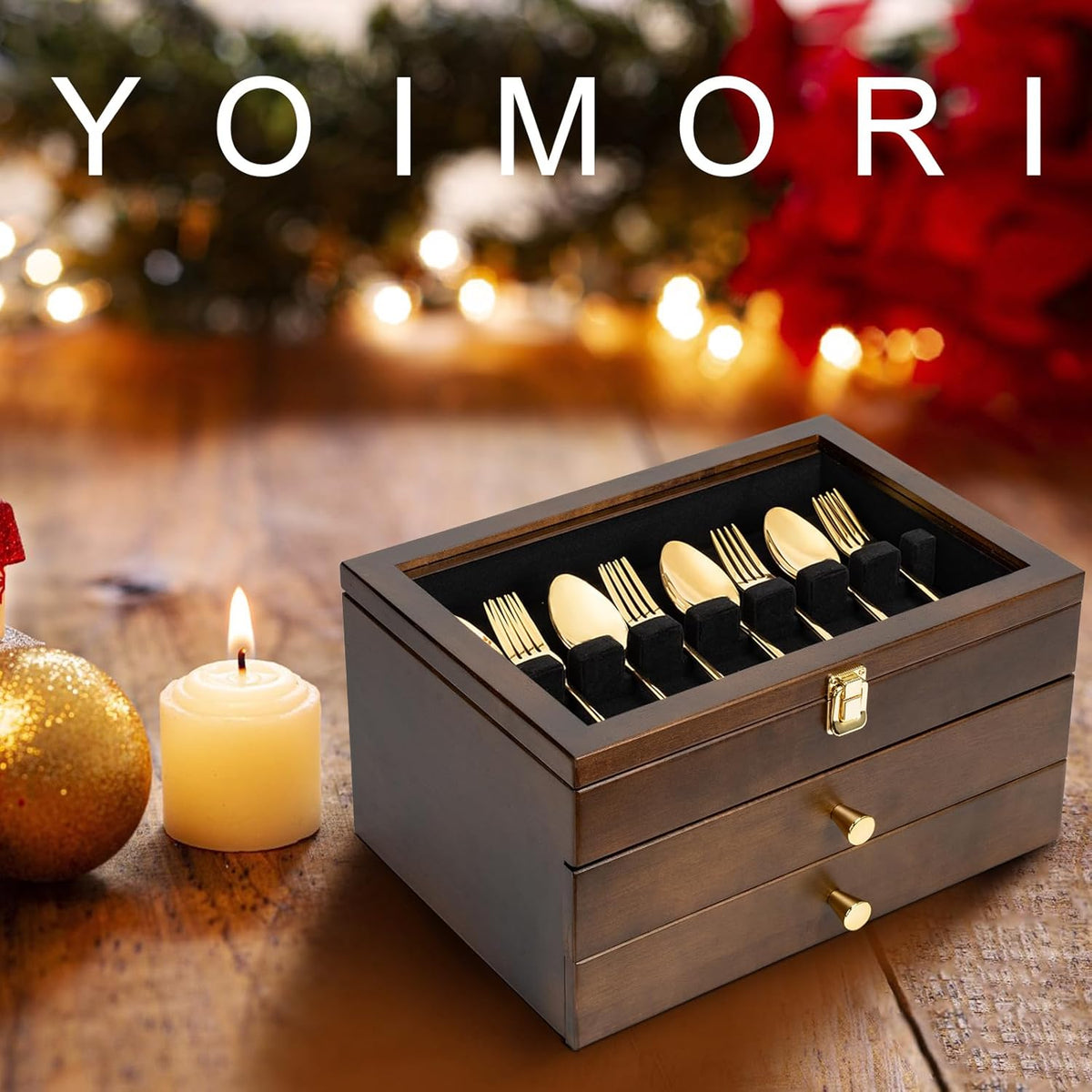 Silverware Box, 3-Layer Wooden Silverware Storage Box with Glass Lid, 14.5×10.6 Inches Luxury Style Decor Flatware Storage Case for Fine Flatware & Utensils, Gift Idea (Walnut)
