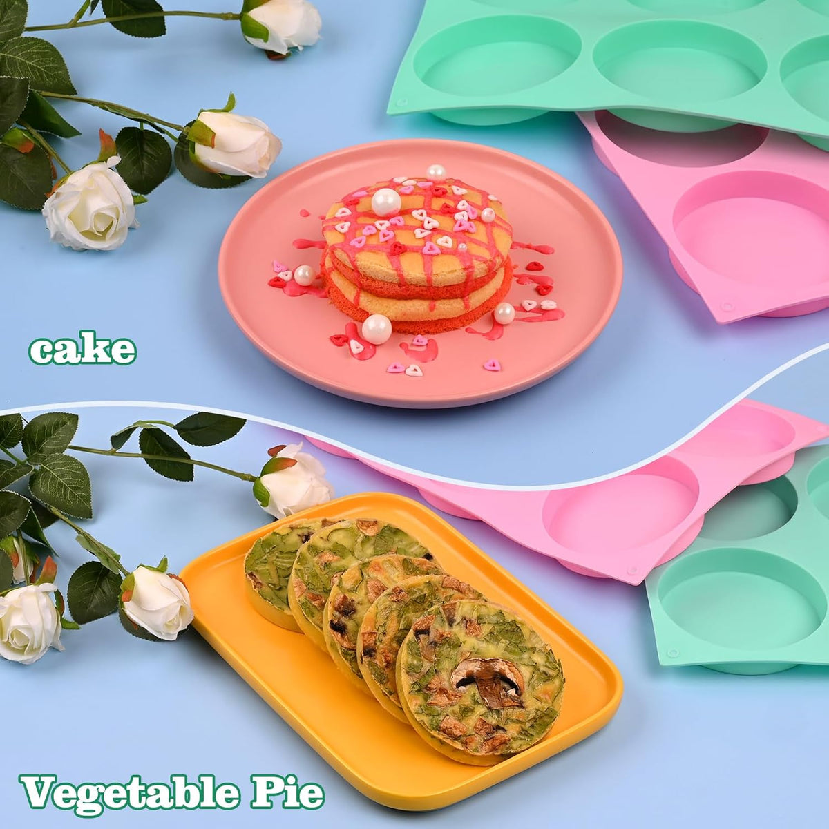 HUAKENER 2 Pcs Silicone Muffin Top Pans for Baking, 4 Inch Non-Stick Round Baking Molds for Mini Cake, Muffin Top, Dessert, Hamburger, Sandwiches Making