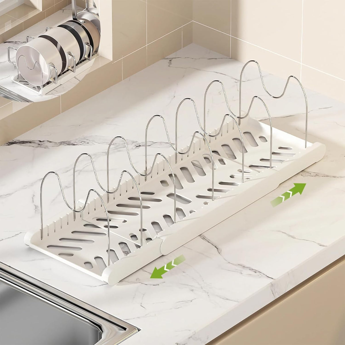 Pots and Pans Organizer Under Cabinet,Expandable Pot Lid Holder with 10 Adjustable Dividers,Pot Rack,Kitchen Pantry Countertop Storage for Bakeware, Cutting Boards, Frying, Lid, Cookware,Dishes