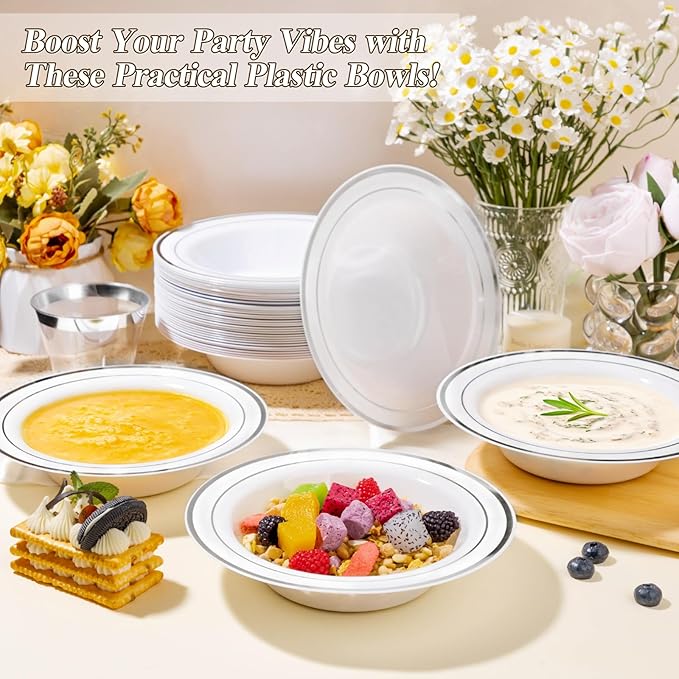 200 Pack Disposable Soup Bowls with Silver Rim, 12oz Premium Heavy Duty Plastic Dinner Bowls for Party, Wedding and Holiday