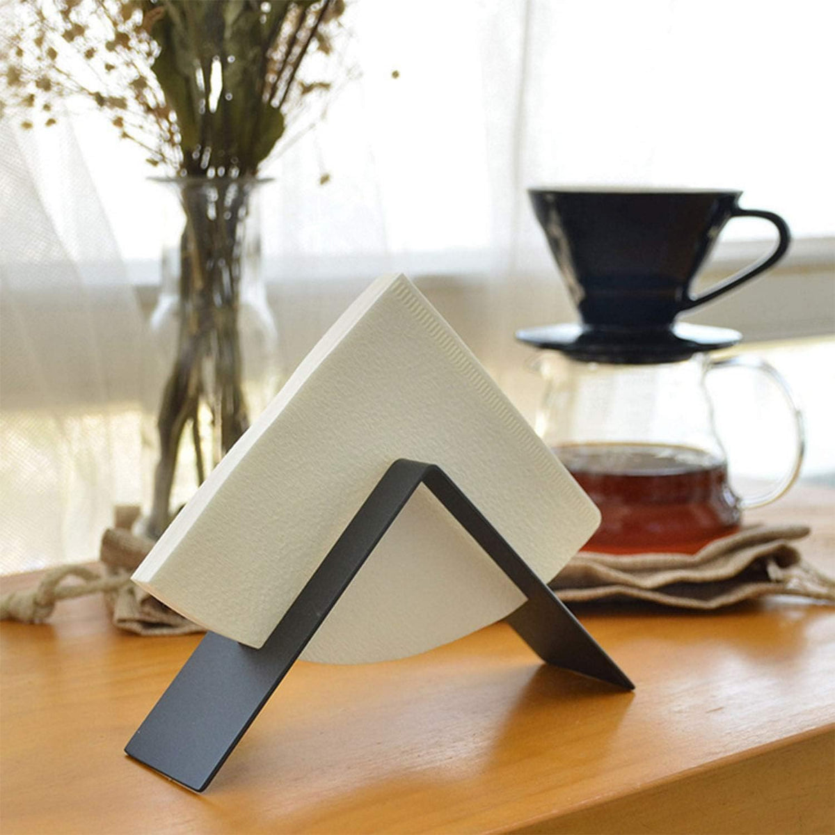 MIAO JIN Coffee Filter Paper Holder,Stainless Steel Coffee Paper Storage Container Dispenser Rack Coffee Filter Stand (Black)
