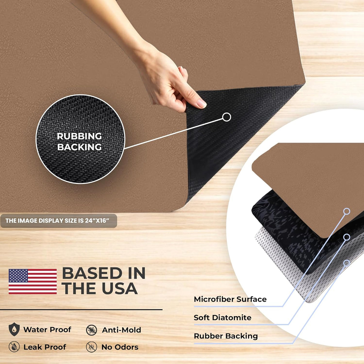 Dish Drying Mat Super Absorbent – 16" x 12" Coffee Mat for Countertops – Non-Slip Drying Mat for Kitchen Counter – Easy to Clean Water Absorbent Mat – Quick Dry Dish Drying Mats (Brown)