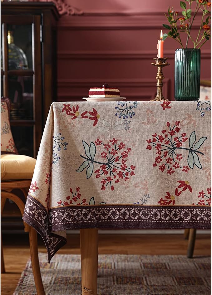 patdrea Designer French Linen Long Rectangle Tablecloth for Rectangle Table,Vintage Red Floral Tablecloths,Table Cover for Kitchen Dining,Tea Party,Christmas,Thanksgiving,Holiday,55"x79"-Newmari