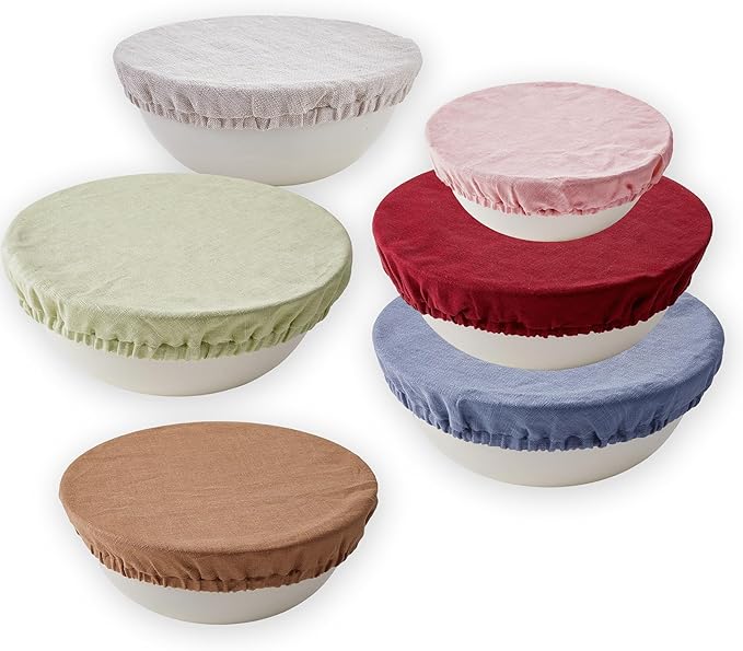 100% Pure Linen Bowl Covers For Bread Proofing, 4 Pcs Elastic Reusable Solid Color Cloth Fabric Bowl Covers,XL Organic Washable Large Stretch Sourdough Lids 6 * 8 * 10 * 12 Inches, Brown