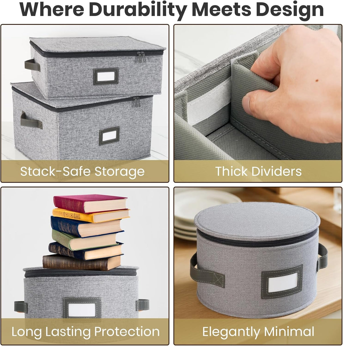 HOMELUX THEORY Hard Shell China Storage Containers, 6pc LightGray Mug & Plate Storage Box, Kitchen Storage Bins W/Lids, Heavy Duty Moving Box with Handles for Dishes, Glassware, Stemware, Cup & Mug