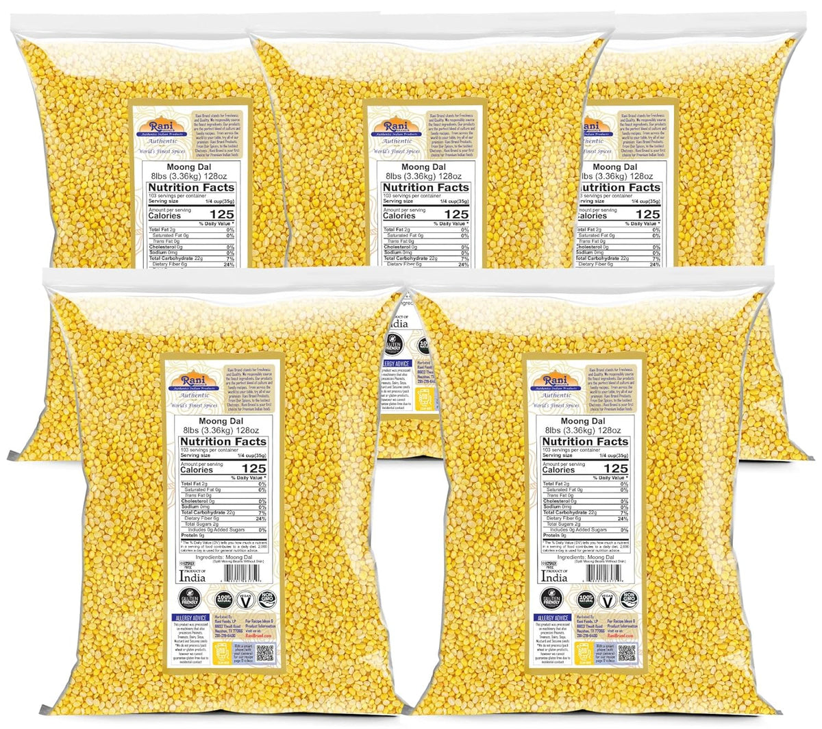Rani Moong Dal (Split Mung Beans Without Skin) Lentils Indian 128oz (8lbs) 3.63kg x Pack of 5 (Total 40lbs) Bulk ~ All Natural | Gluten Friendly | Non-GMO | Kosher | Vegan | Indian Origin