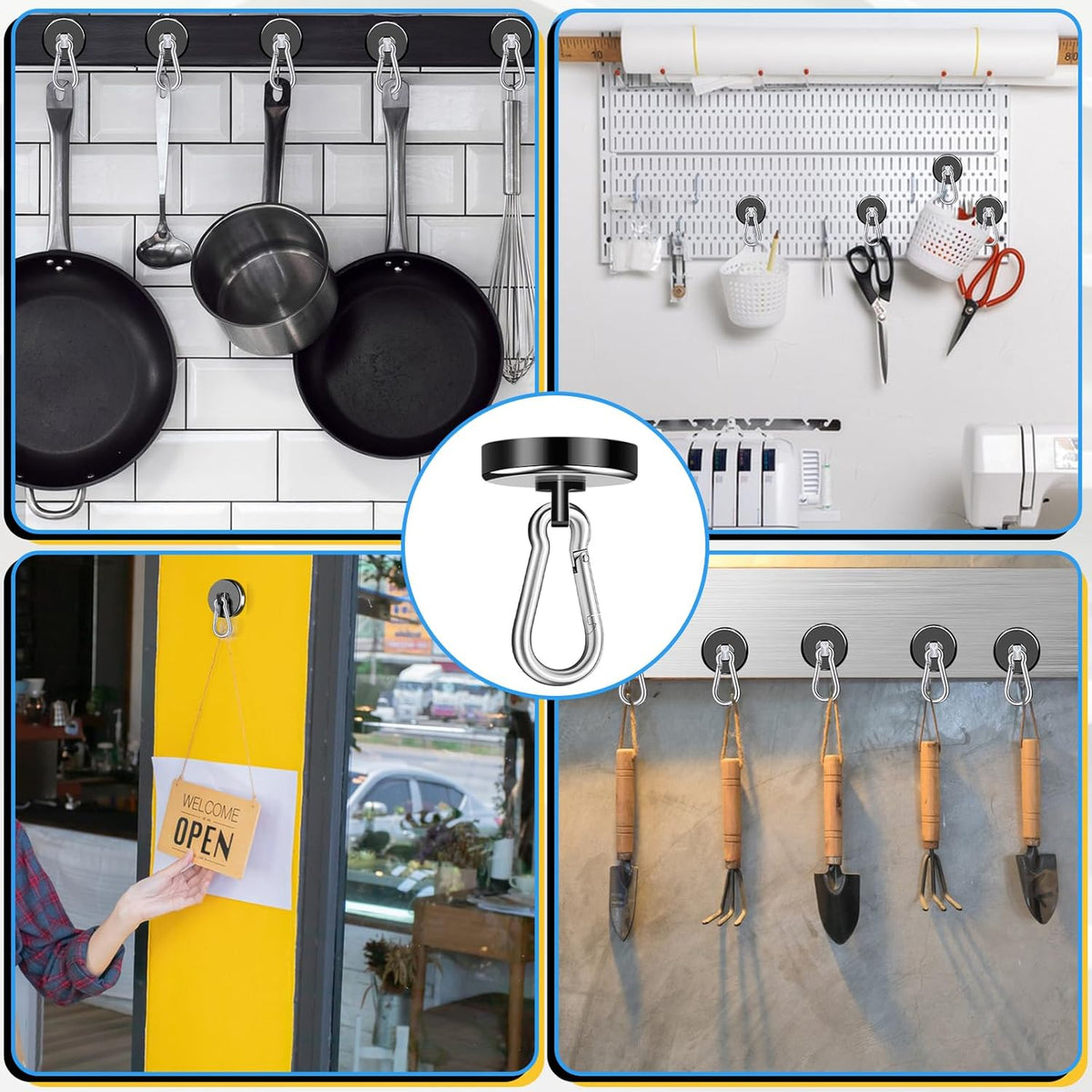 Magnetic Hooks Heavy Duty 150Lbs, 4 Pack Super Strong Magnetic Hooks with Swivel Carabiner for Cruise, Black Neodymium Magnet Hooks Magnetic Wall Hanger for Hanging, Toolbox, Grill, Cabins