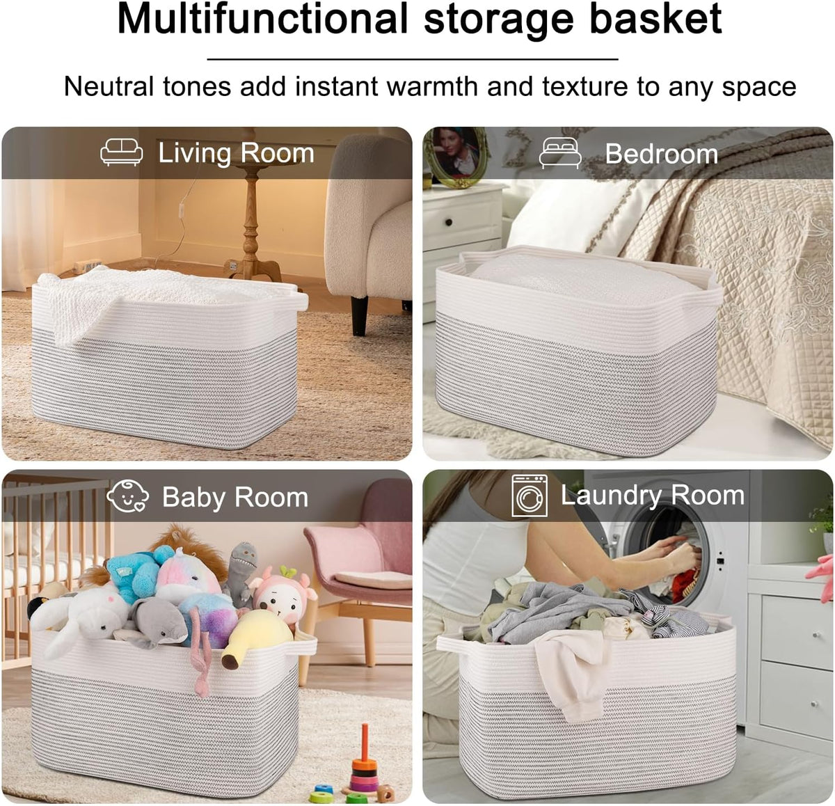 OIAHOMY 95L Blanket Basket, 24”x17”x14”, Large Woven Baskets for Storage, Nursery Cotton Rope Basket with Handle, Living Room, Nursery, Bedroom,Toy Baskets Organizer Bins, Black and White