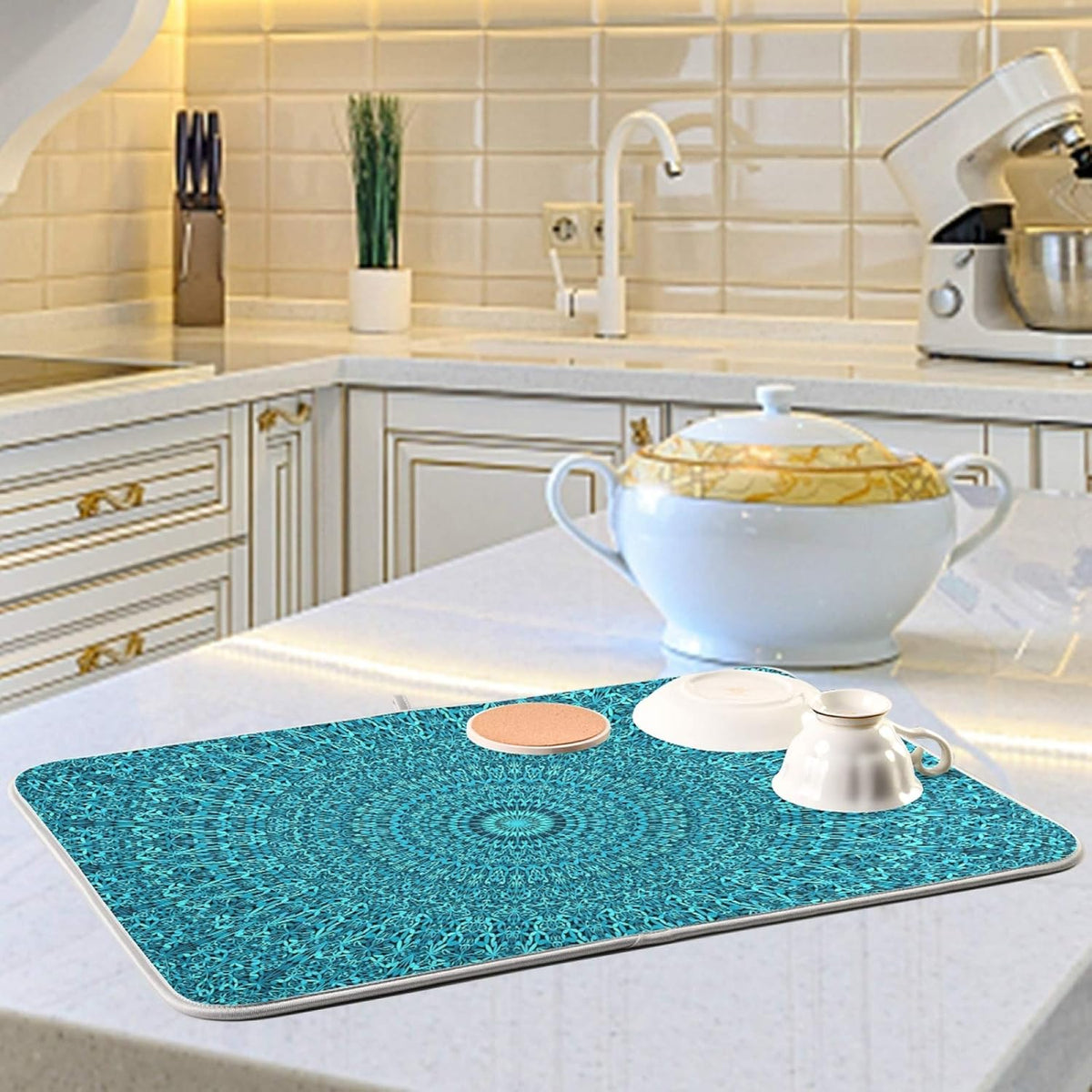 Super Absorbent Dish Drying Mat, Microfiber Fast-Drying Dish Mat, 24" x 18", Kitchen Dish Drying Pad, Mandala Turquoise Teal Blue Green