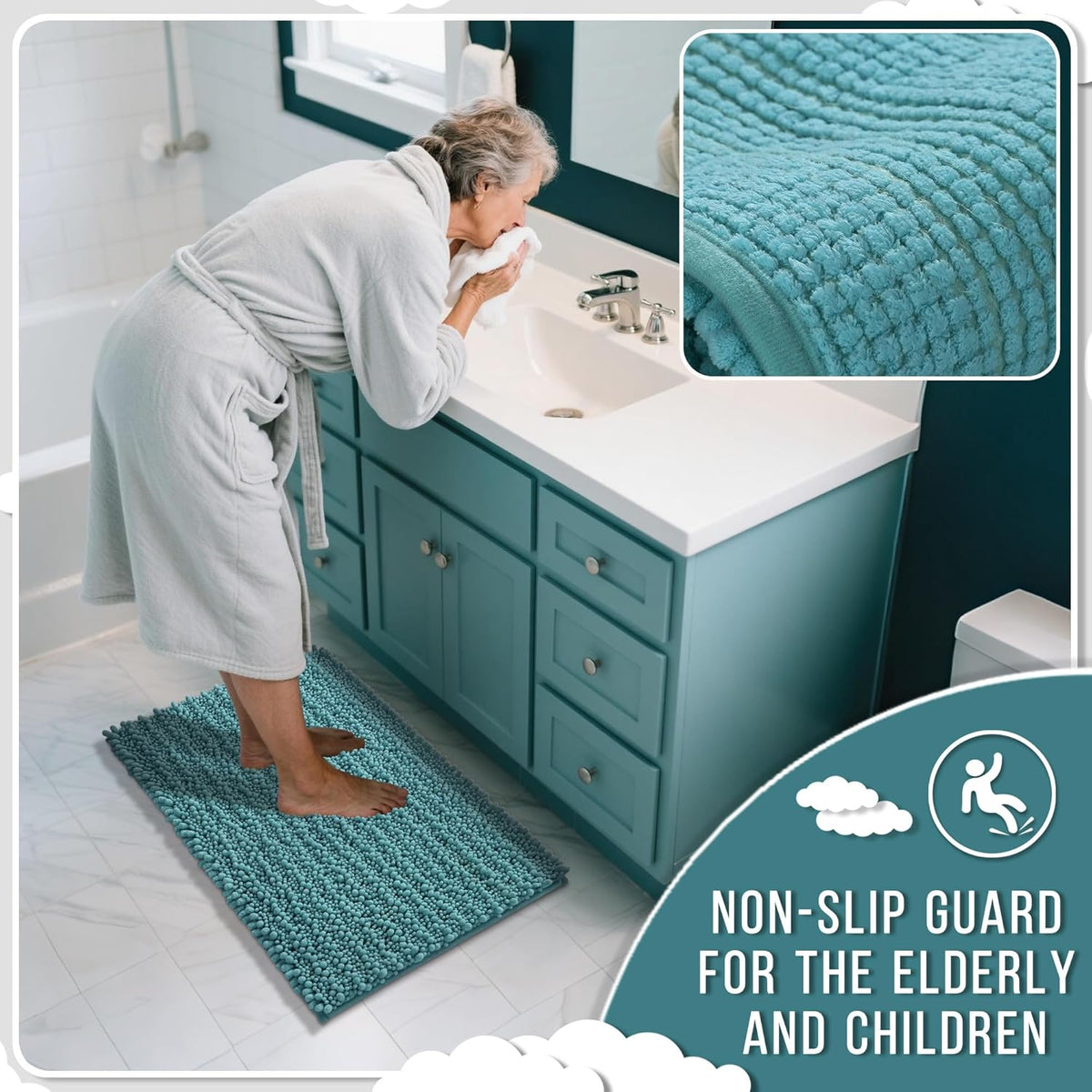 Yimobra Bathroom Runner Rug 55x24 Inch - Extra Long Non Slip Chenille Bath Mat, Soft & Absorbent, Machine Washable Shaggy Hallway Carpet for Vanity Tub Shower, Teal Blue Home Decor Accessories