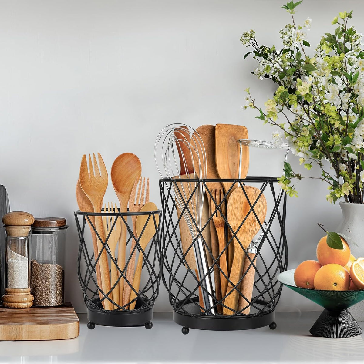 MACEVIA Utensil Holder for Kitchen Counter, Black Metal Organizer with Diatomaceous Earth Base, 7.5" + 5.4", Countertop Storage for Spoons,Spatulas and Cooking Utensils,Set of 2