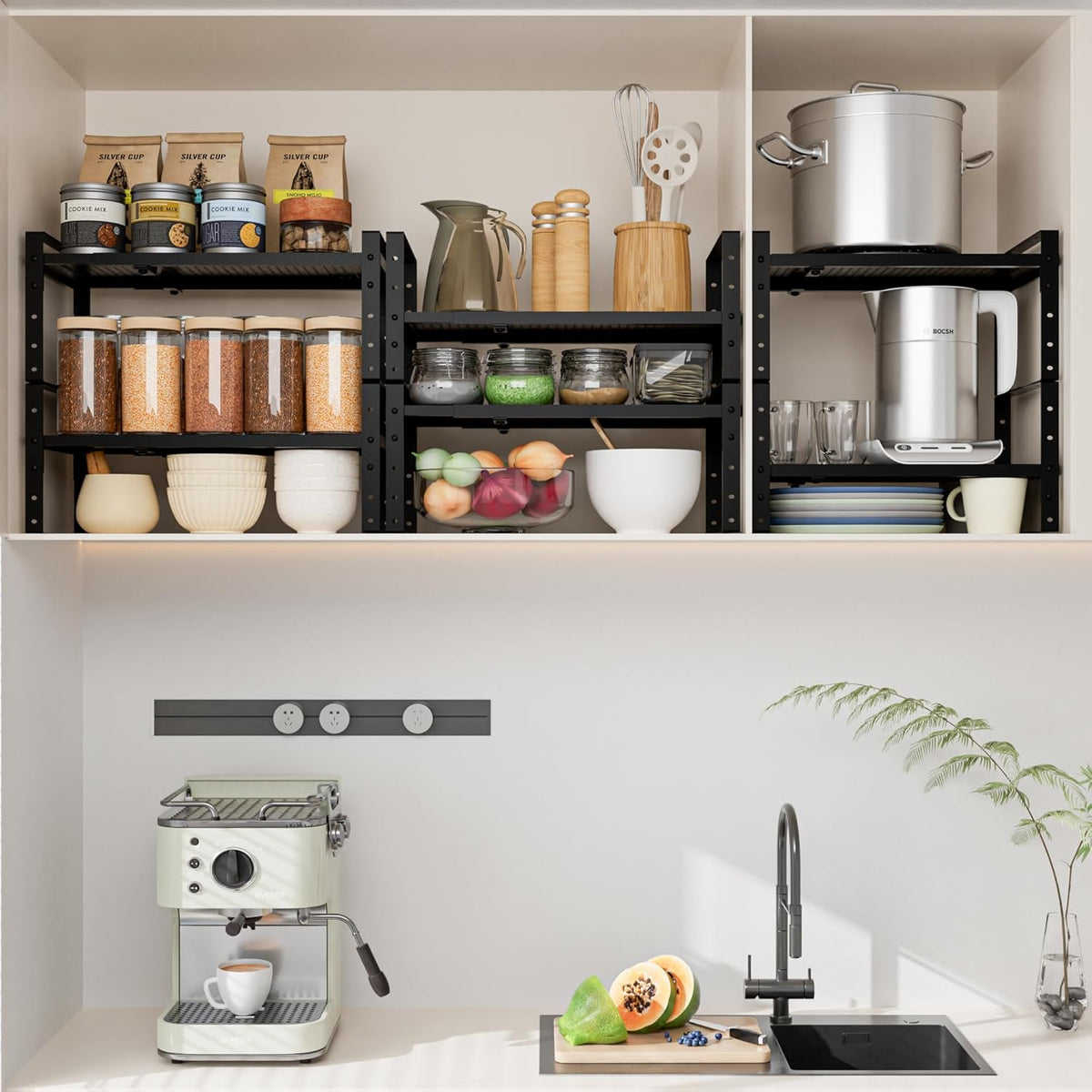 Expandable,Adjustable & Stackable Spice Rack, Cabinet Kitchen Countertop Shelf Organizer,Metal Pantry Storage Shelves - Space-Saving Storage Solution(1Pack/Black/Large)