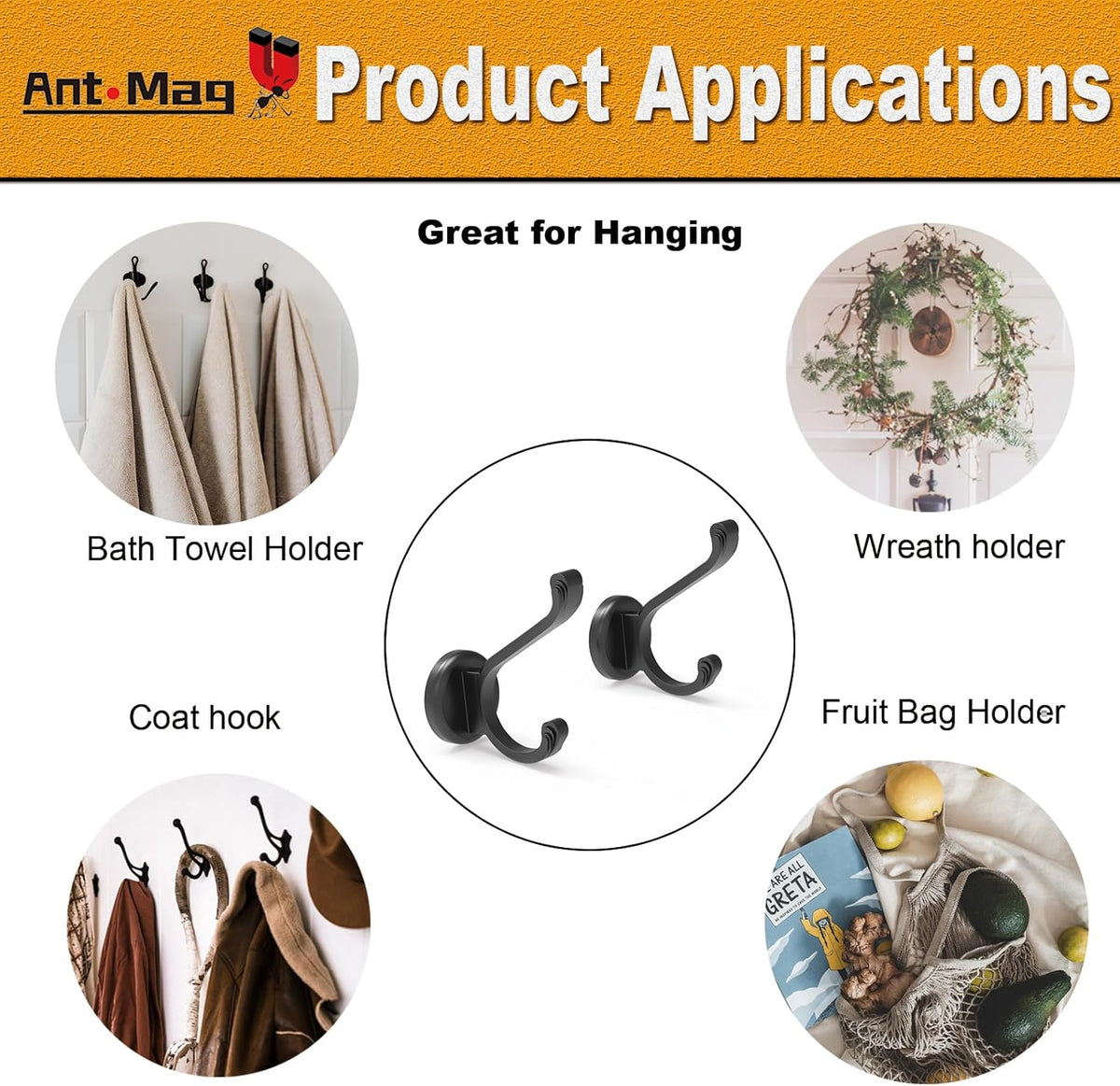 Ant Mag Magnetic Hooks Heavy Duty 140lbs Neodymium Magnet Wall Hooks for Hanging Coats Robes Backpacks Bags Hats Keys Mugs Cups Towels Pack of 4