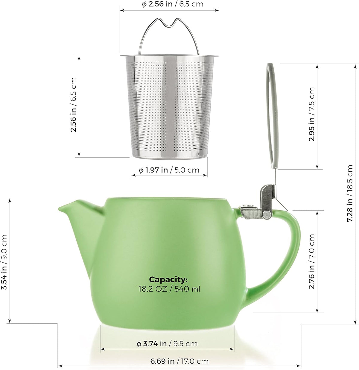 Tealyra - Pluto Porcelain Small Teapot Lime - 18.2-ounce (1-2 cups) - Matte Finish - Stainless Steel Lid and Extra-Fine Infuser To Brew Loose Leaf Tea - 540ml