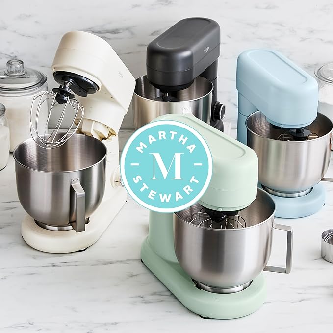 Martha Stewart Tilt-Head Stand Mixer, 12 Speed, 5.3QT Stainless Steel Bowl, Splash Guard with Pour Chute, Whisk, Dough Hook, Flat Beater, Electric Kitchen Baking Mixer, Bread, Cake, Whip, Sky Blue