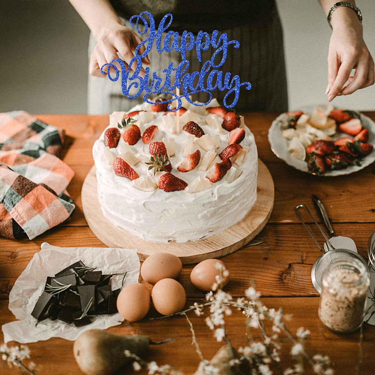 1 PCS Happy Birthday Cake Topper Glitter Happy Birthday Cake Pick Bunting Decor for Anniversary Celebrating Happy Birthday Party Cake Decorations Supplies Blue