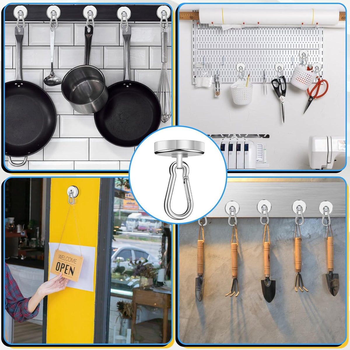 Magnetic Hooks Heavy Duty 150Lbs, 4 Pack Super Strong Magnetic Hooks with Swivel Carabiner for Cruise, Black Neodymium Magnet Hooks Magnetic Wall Hanger for Hanging, Toolbox, Grill, Cabins
