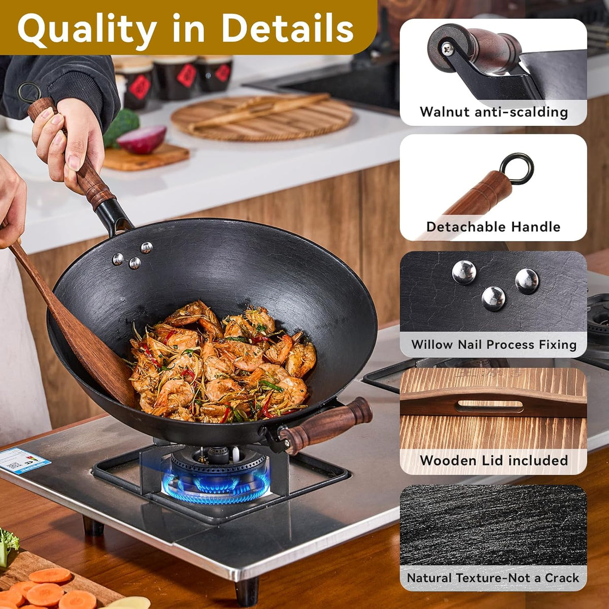 WANGYUANJI 13.4 Inch Cast Iron Wok with Lid – Flat Bottom Chinese Stir Fry Pan, Handcrafted Non-Coated Iron Cookware for Induction, Gas & Electric Stoves, Black