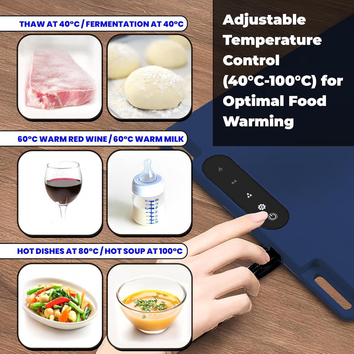 OMEO Food Warming Mat - Electric Warming Tray with 3 Temperature Settings and 1-4 Hours Timer, Full Surface Graphene Food Warmer, Premium Rollable Silicone Heating Mat Food, Gatherings, Parties(Blue)