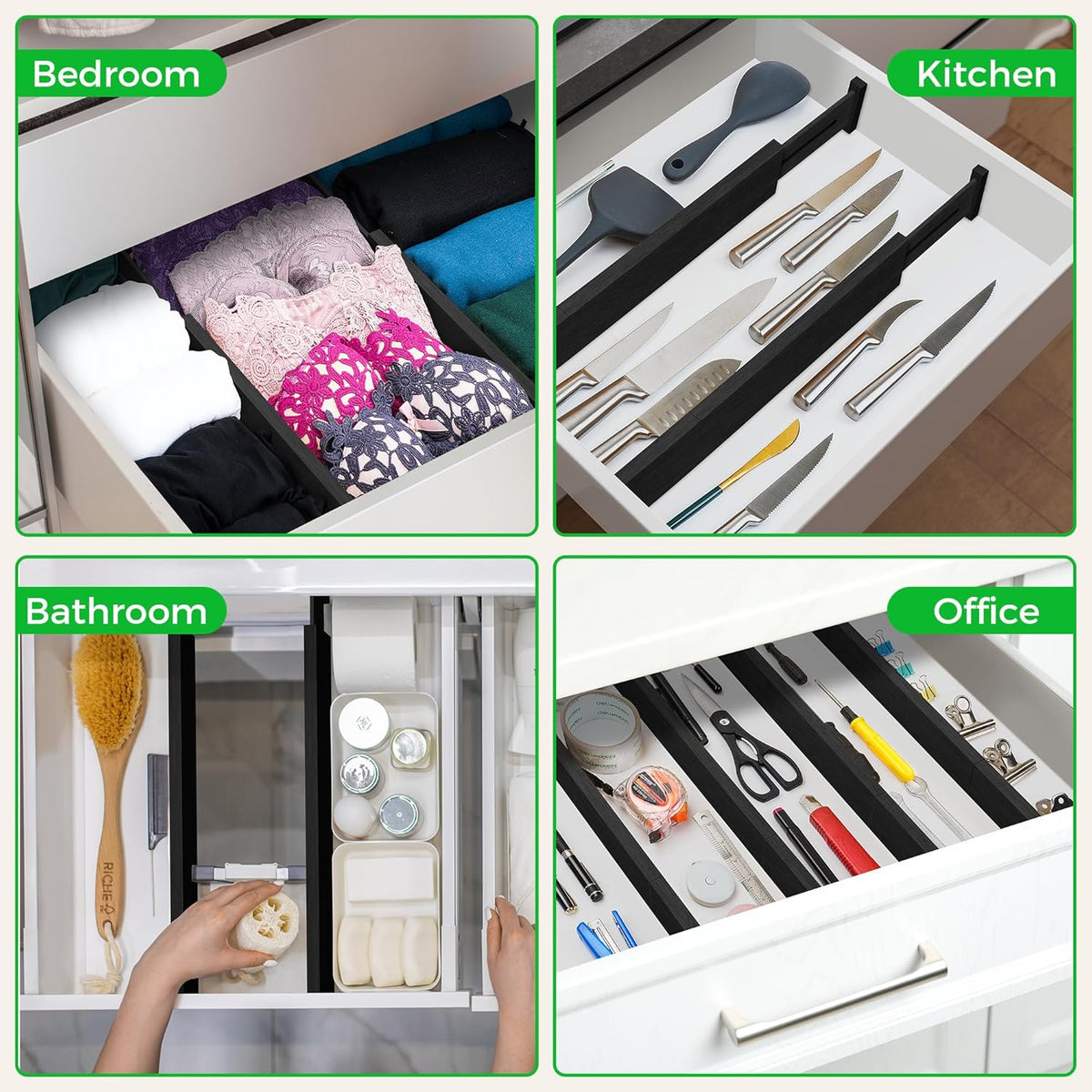 Bamboo Drawer Dividers Organizer with Inserts, Expandable from 12.5-21.7", Adjustable Drawer Organizer Separators for Utensils, Dresser, Bedroom, Bathroom, Closet, Clothing, Office (Black)