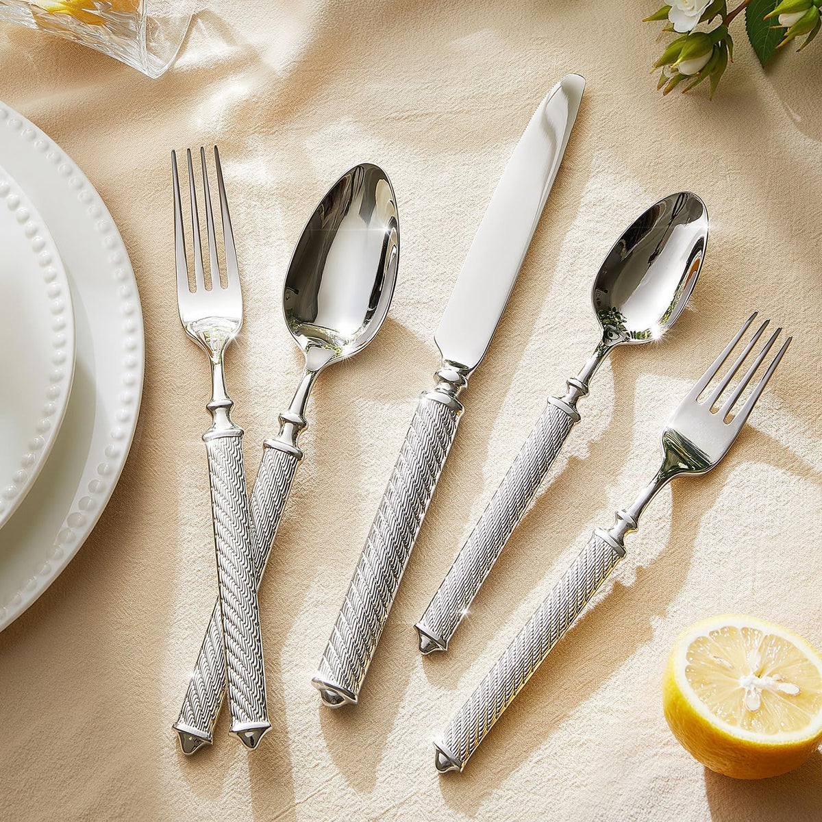 KINGSTONE Retro Rope-Pattern Silverware Set, 40-Piece Flatware Set Cutlery Set Forged with Handcrafted Texture Handles 18/10 Stainless Steel, Dishwasher Safe