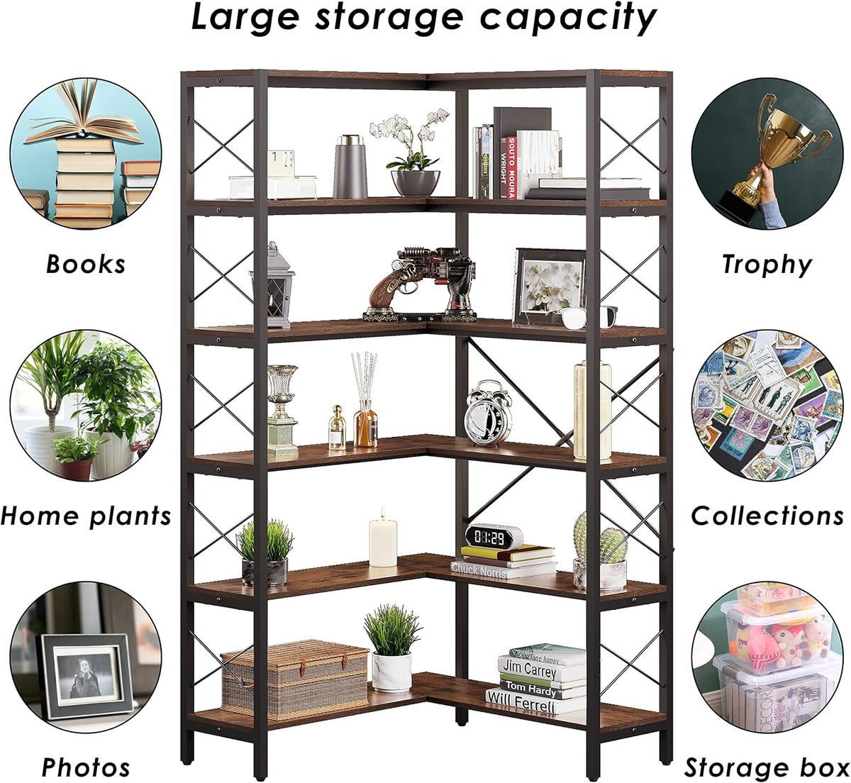 6-Shelf Corner Bookshelf, Vintage Industrial CornerBookshelf Etagere Bookcase, Large Book Shelf with Metal Frame Open Storage Corner Cabinet for Living Room Home Office(Retro Brown)