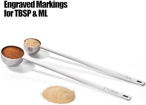 Doosu 18/8 Stainless Steel Food-Grade Measuring Coffee Scoop with 8.5in Long Handle (1 & 2 Tbsp) and 600°F Heat Resistant Mini Food-Grade Silicone Bowl Scraper (Aqua Sky)