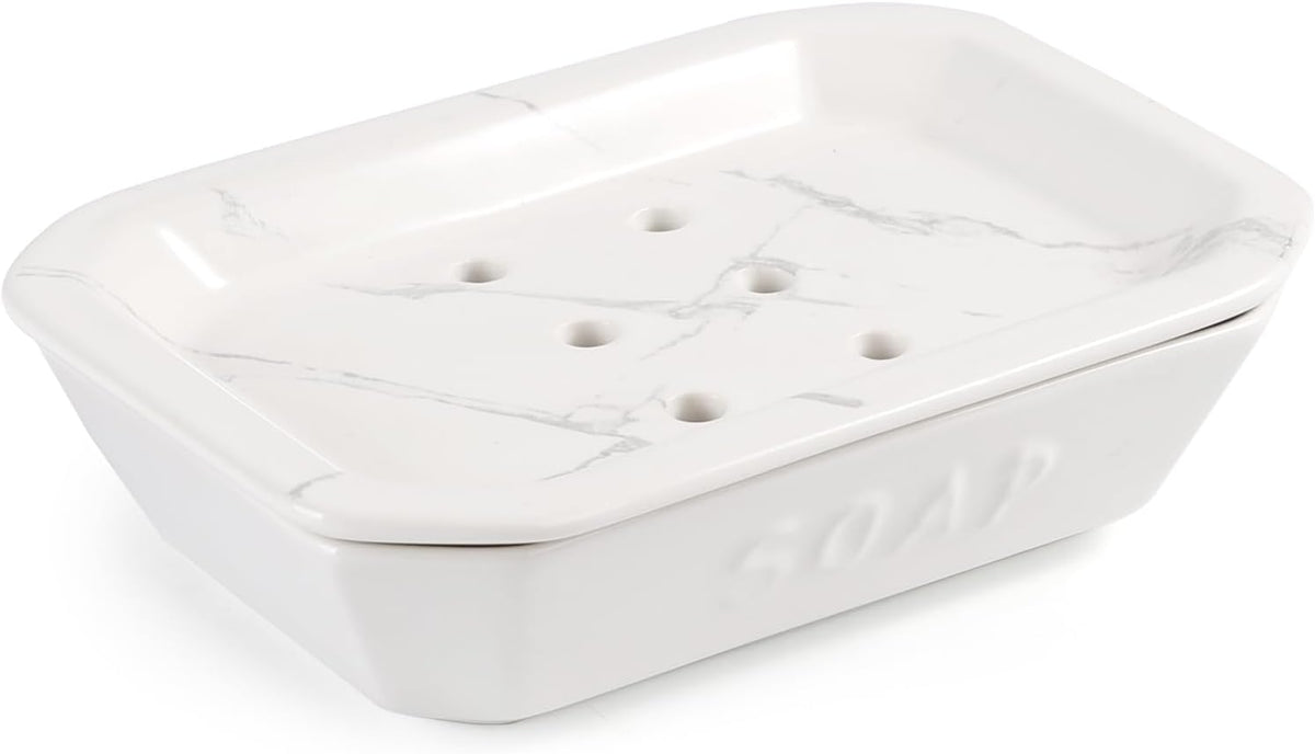 Soap Dish, Ceramic Self-draining Soap Holder, Double Layer Bar Soap Holder with Drain, Soap Dishes for Bathroom Shower Kitchen, Easy to Clean Keep Soap Dry, Off-white with Marble Pattern, ANTIS'S HOME