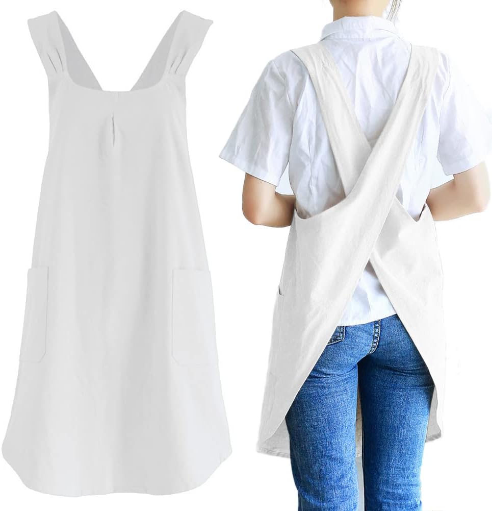 NEWGEM Japanese Linen Cross Back Cooking Aprons for Women Men with Pockets Cute for Baking Kitchen
