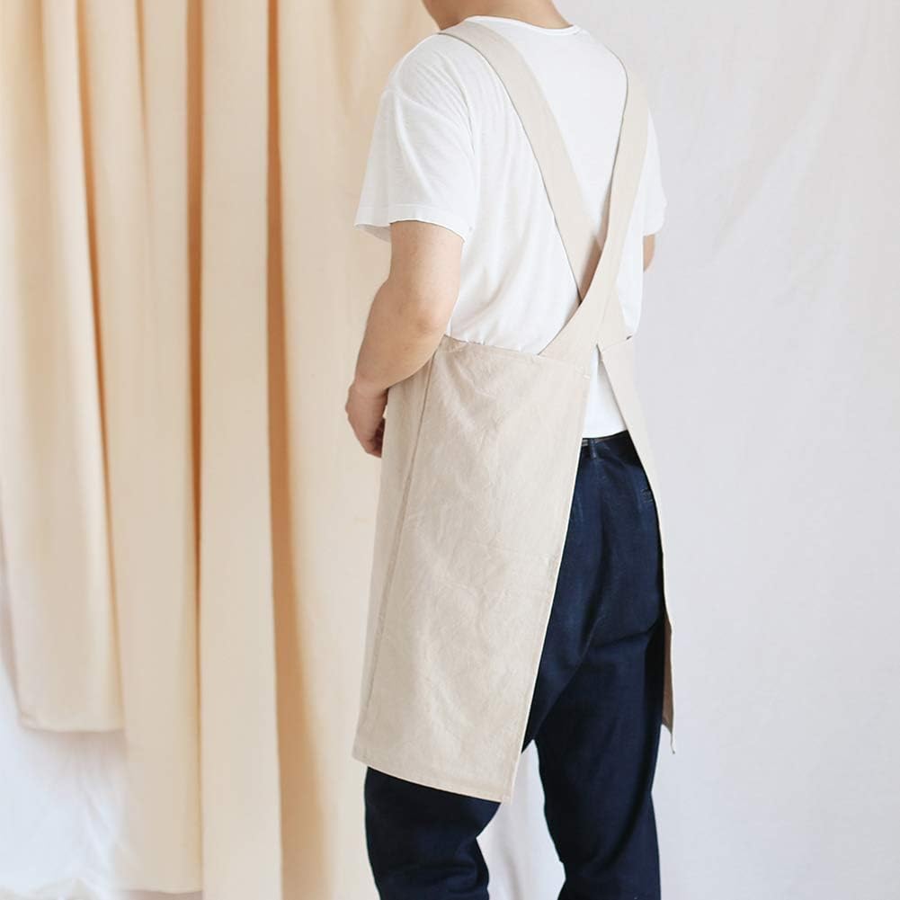 NEWGEM Japanese Linen Cross Back Cooking Aprons for Women Men with Pockets Cute for Baking Kitchen