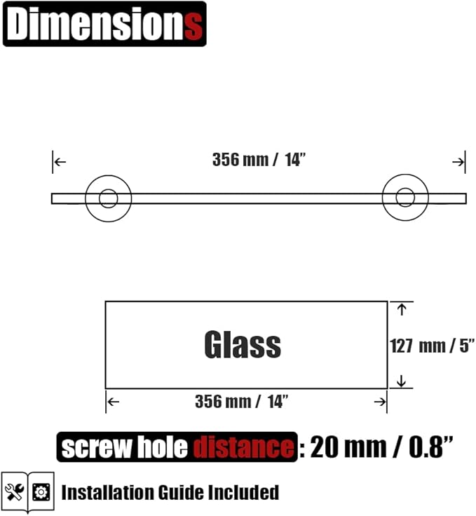 JQK Bathroom Glass Shelf, Tempered Glass Shower Storage 14 by 5 inches, 304 Stainless Steel Brushed Finish Wall Mount, TGS101L14-BN