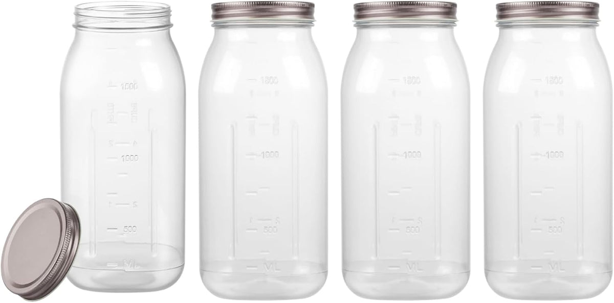 novelinks 64 oz Large Plastic Jars with Metal Lids - 4 Pack BPA-Free Clear Storage Containers for Pantry, Pickles, Sauces, Flour, Snacks - Leak-Proof Airtight Food Grade Jars for Kitchen (Rose Gold)