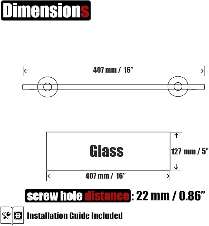 JQK Bathroom Glass Shelf Brushed Steel, Tempered Glass Shower Storage 16 by 5 inches, 304 Stainless Steel Brushed Wall Mount 2 Pack, TGS101L16-BN-P2